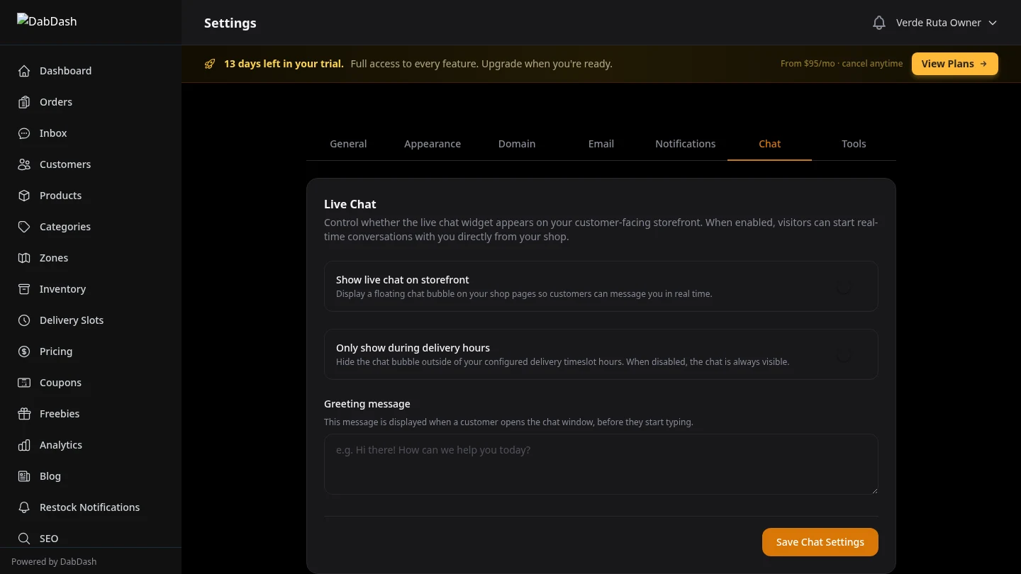 DabDash chat settings tab showing live chat widget enable toggle, availability hours, and auto-response configuration