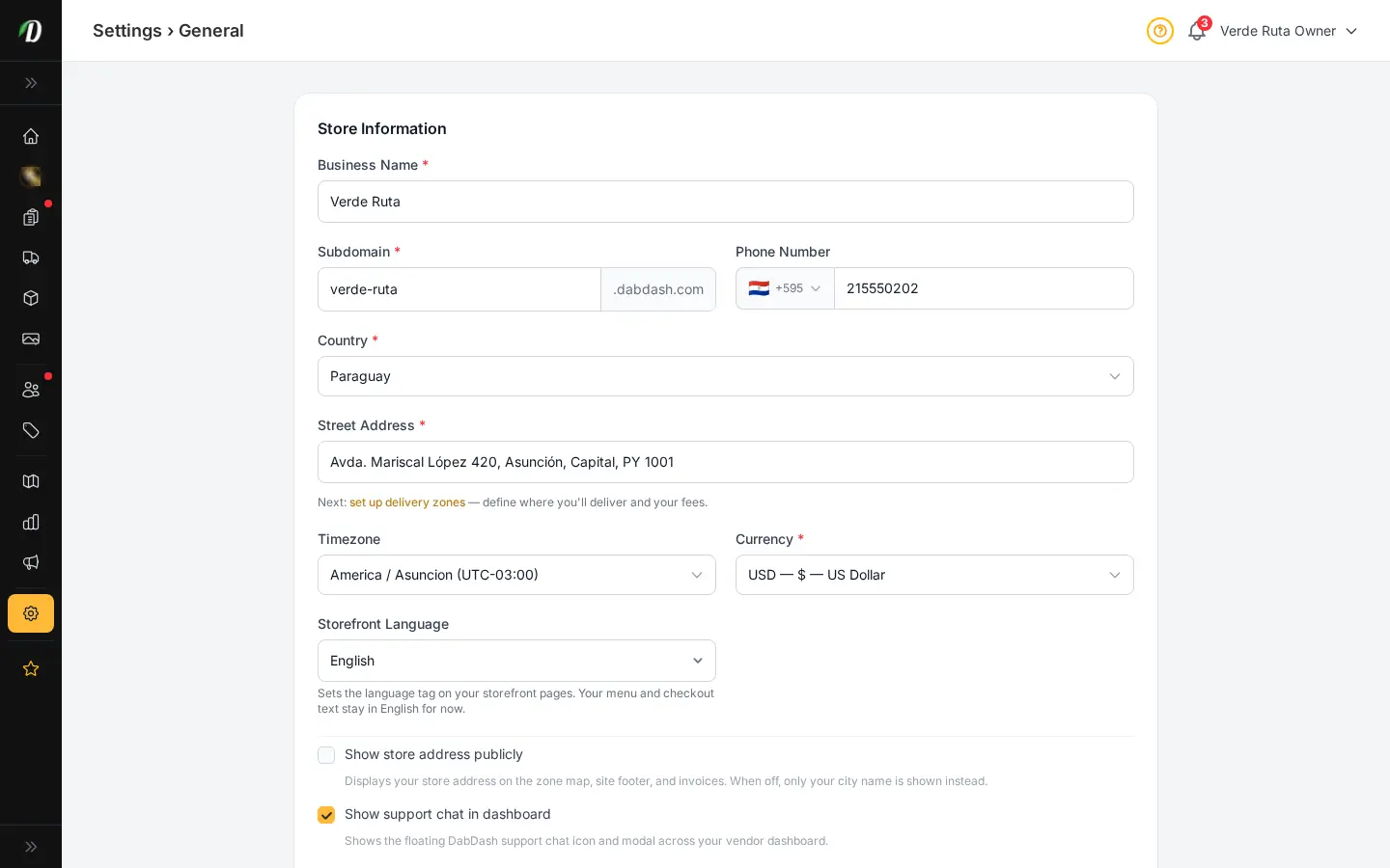 The settings area of a DabDash store dashboard, where the AI Assistant connection and its API tokens are managed