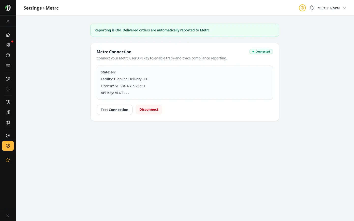 DabDash Metrc settings page with API key connection fields