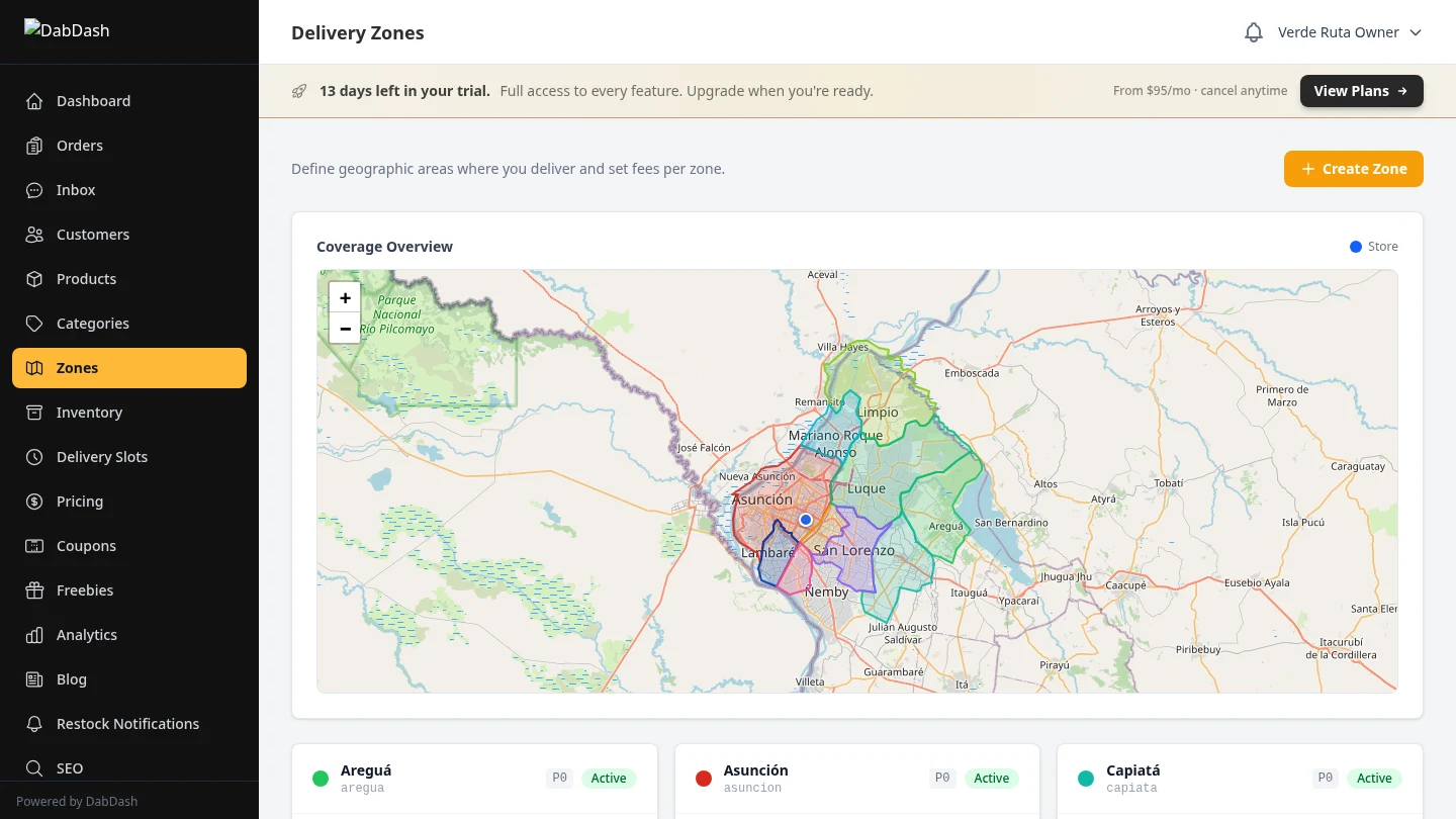 DabDash delivery zones list with status, fees, and coverage map