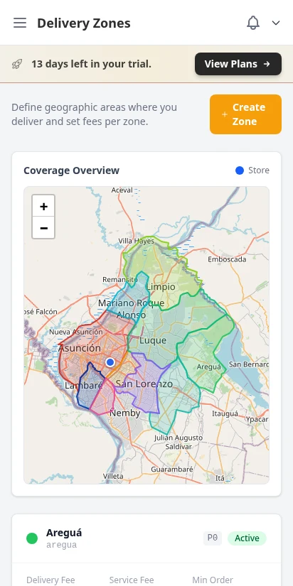 DabDash delivery zones list with status, fees, and coverage map — mobile view