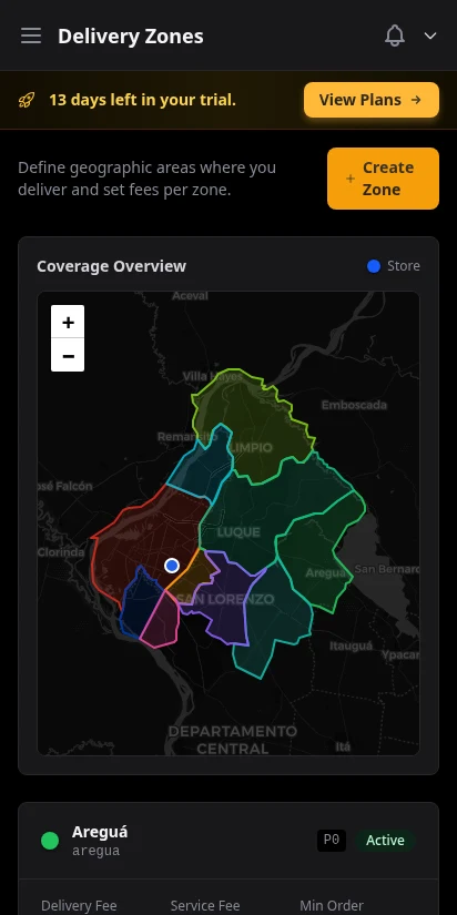 DabDash delivery zones list with status, fees, and coverage map — mobile view