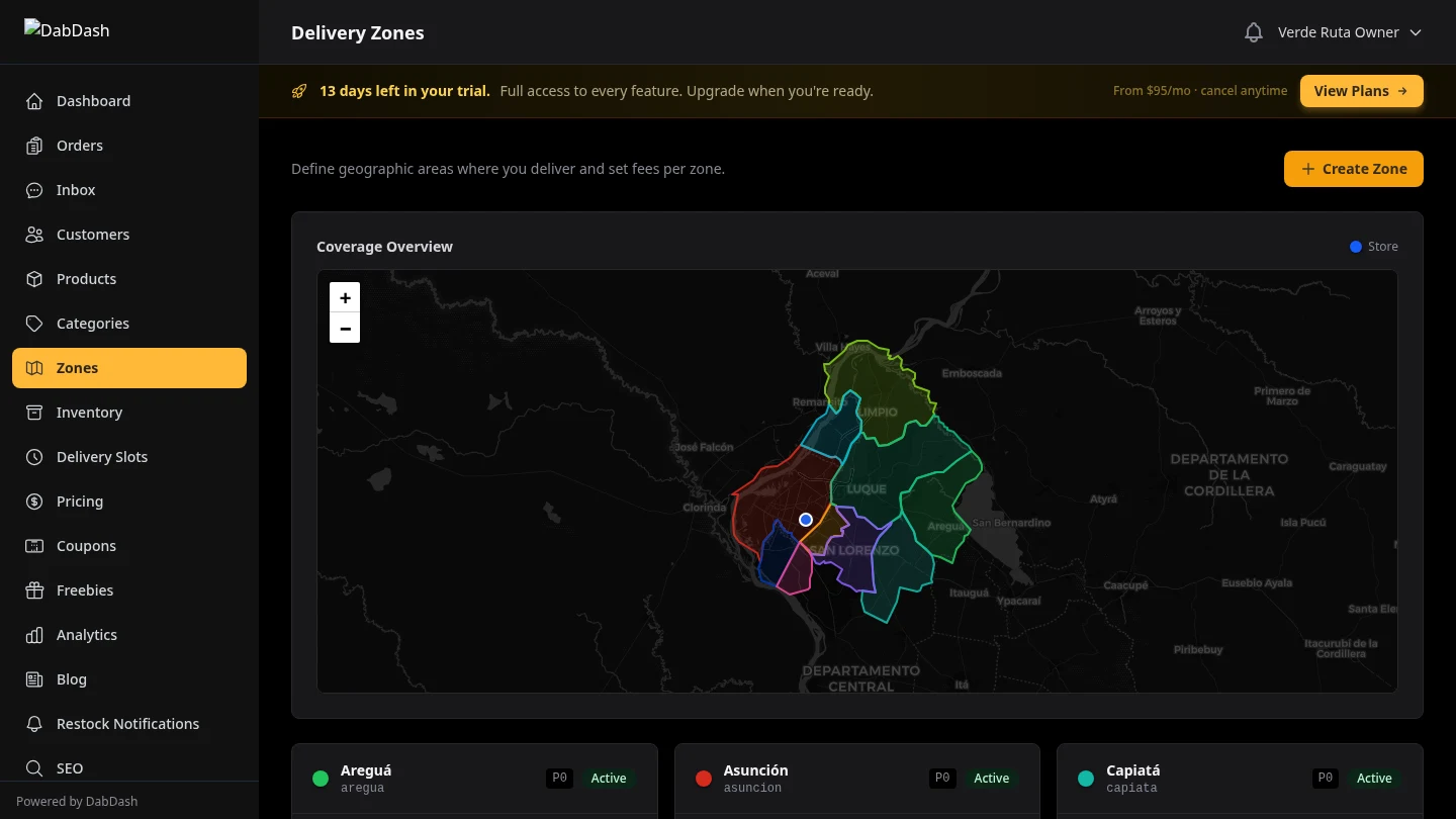 DabDash delivery zones list with status, fees, and coverage map