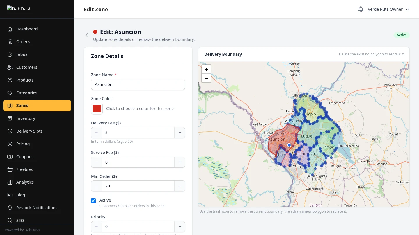 DabDash zone editor with interactive map drawing and fee configuration