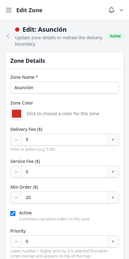 DabDash zone editor with interactive map drawing and fee configuration — mobile view