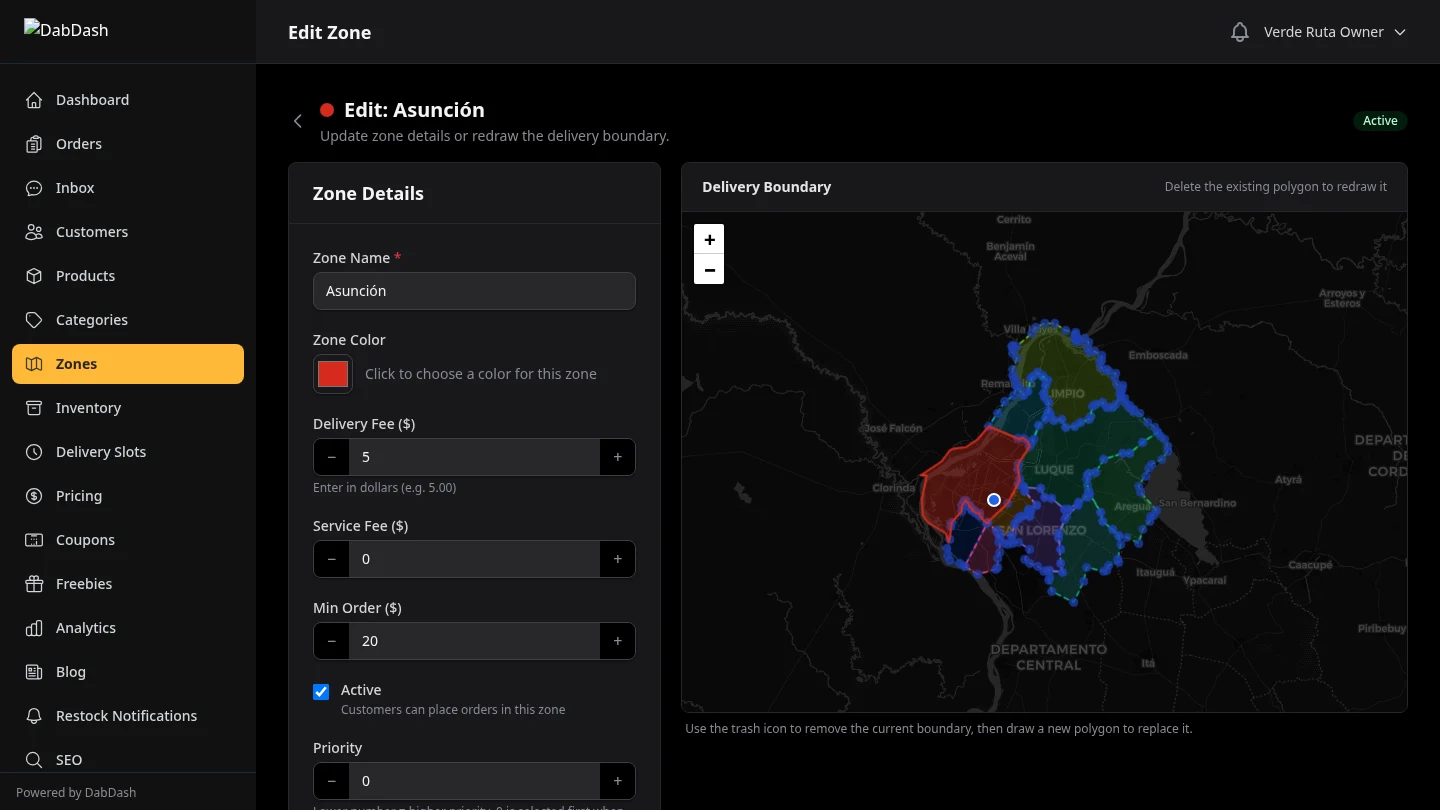 DabDash zone editor with interactive map drawing and fee configuration